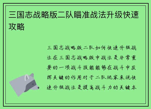 三国志战略版二队瞄准战法升级快速攻略