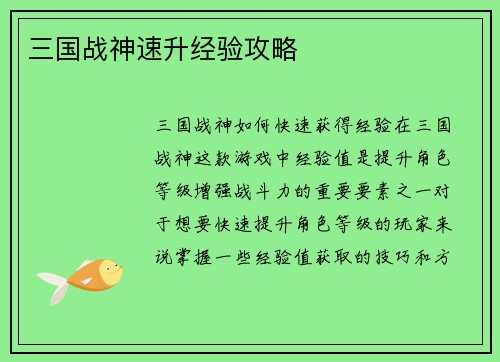 三国战神速升经验攻略